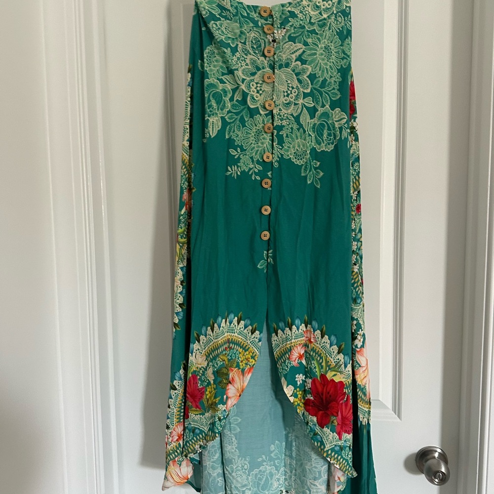 FARM Rio Teal Floral Maxi Skirt with Button Front